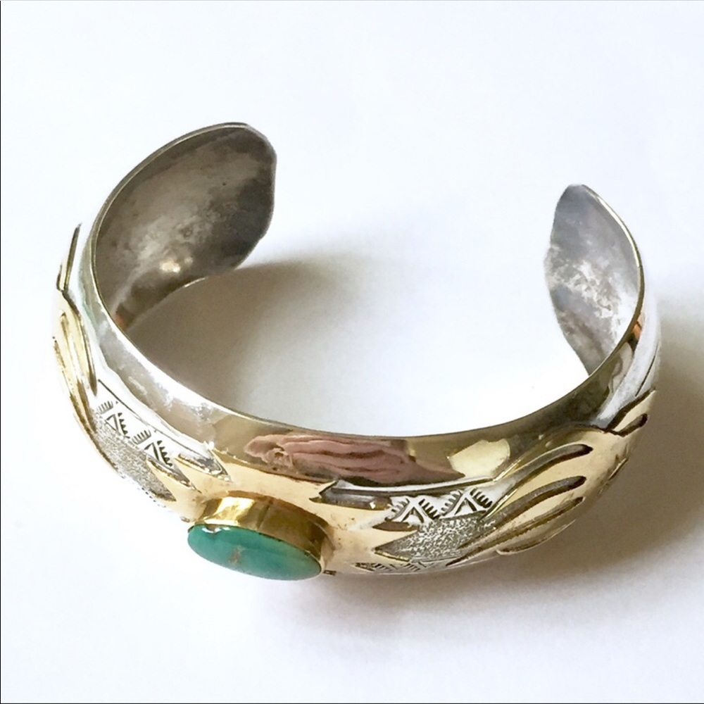 Navajo Roger Jones 12K gold and silver turquoise bracelet cuff